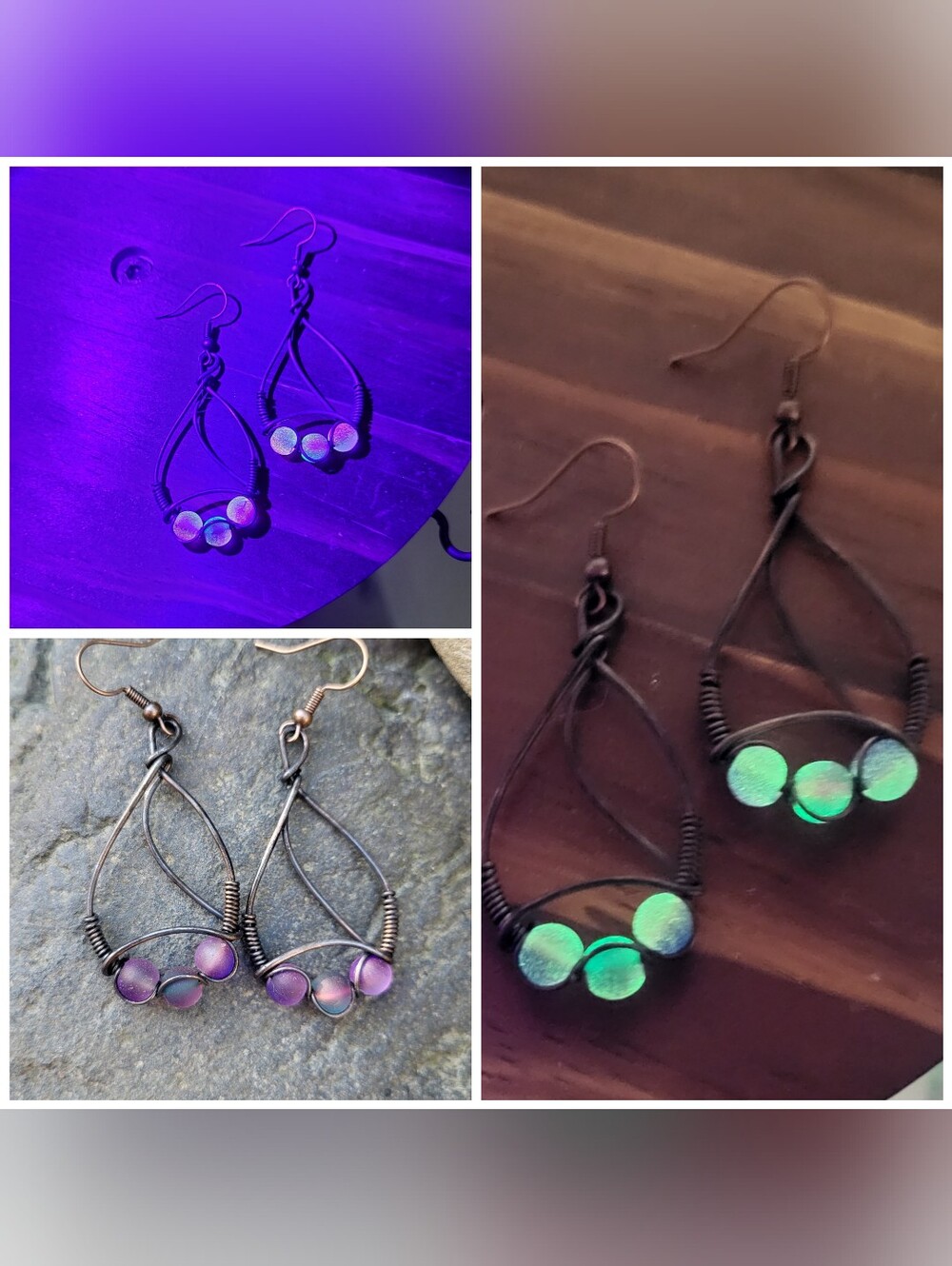 Handmade Copper Wire Wrap UV Reactive Glass Beads Earrings